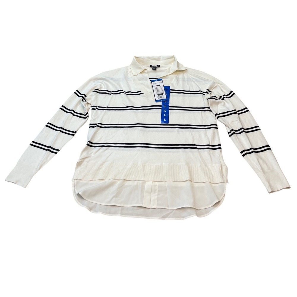 Hilary Radley Women's Off White Black Stripe‎ Collared Sweater Knit Top Large